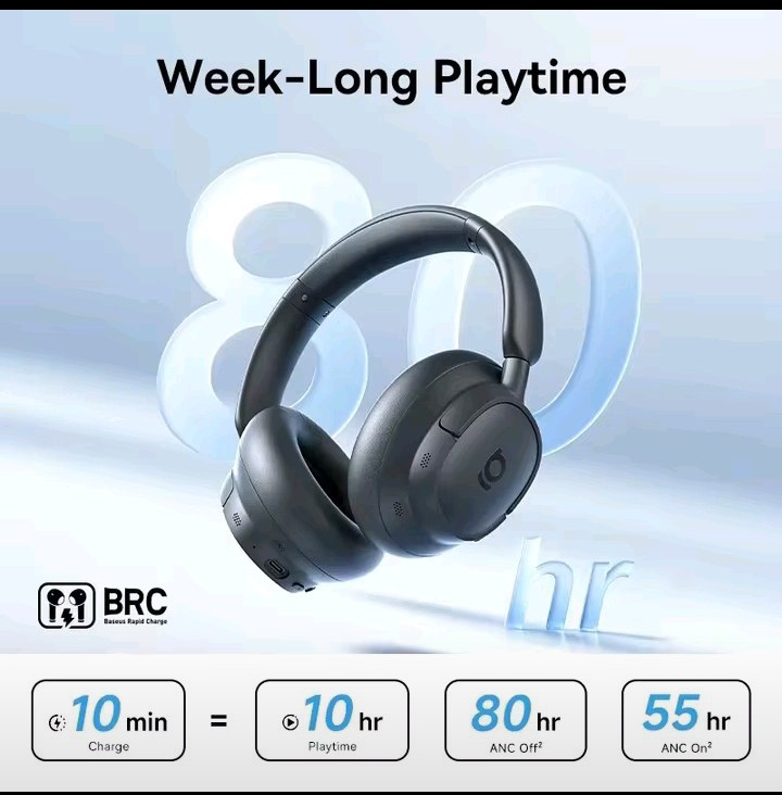 Baseus battery specifications: 80 hours ANC off, 55 hours ANC on, and rapid charging
