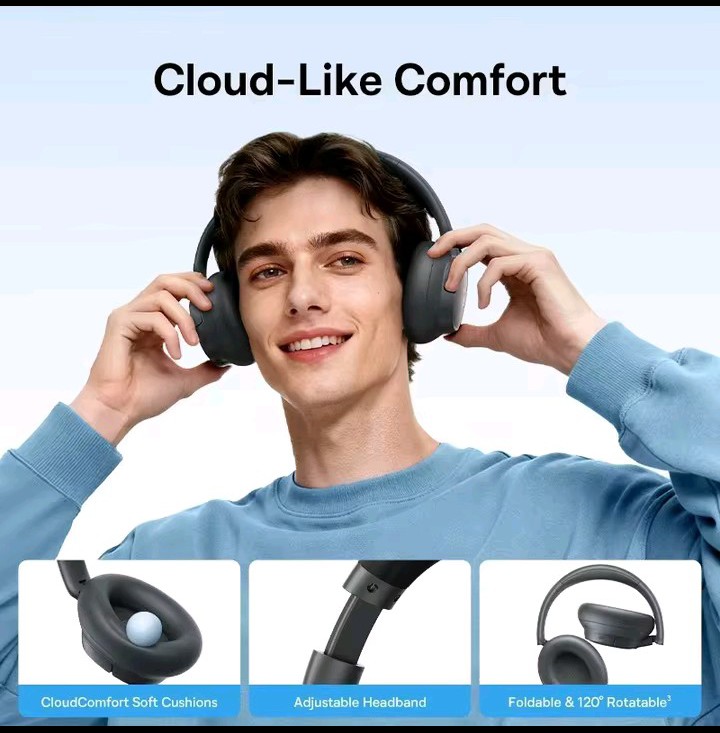 Baseus product photo showing an adult wearing the headphones, soft cushions, adjustable headband and folding ear cups
